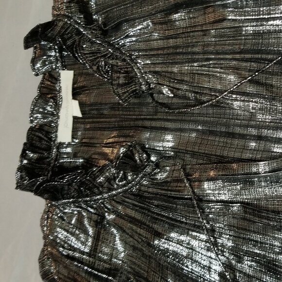 Jonathan Simkhai Blouse Metallic Silver Plisse Ruffle Flowy V Neck Holiday NYE - Picture 5 of 10